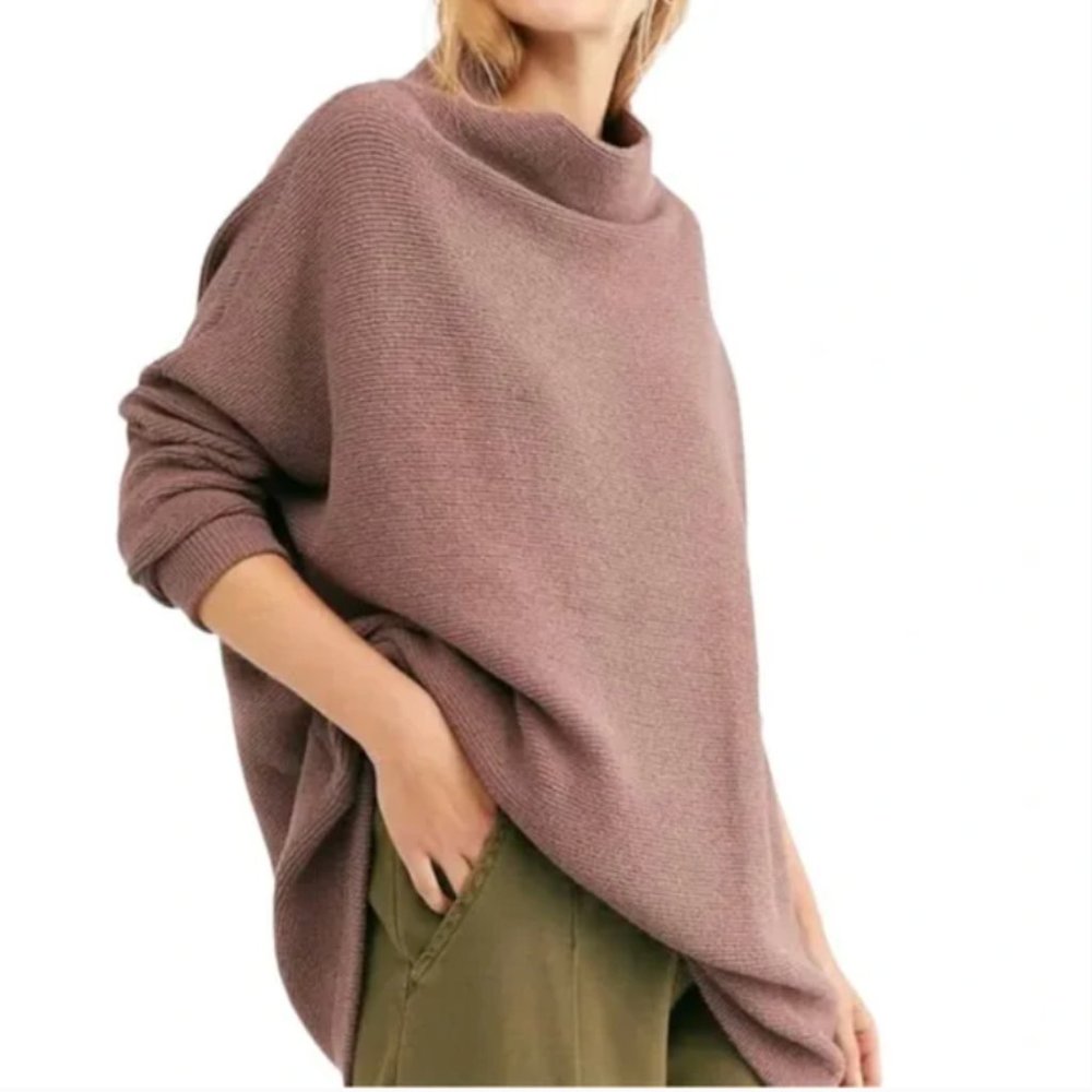 Free People Ottoman Slouchy Tunic Sweater Oversized Ribbed Knit Mauve Nutmeg XS
